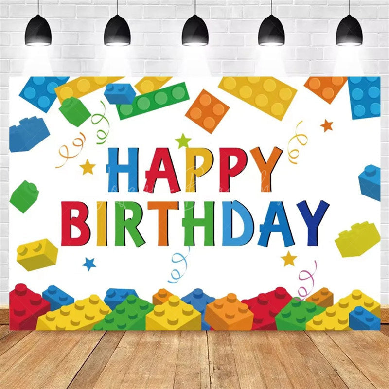 Lofaris Building Blocks Happy Birthday Backdrop Colorful Bricks Print for Kids Party Construction Toy Photo Booth Decor