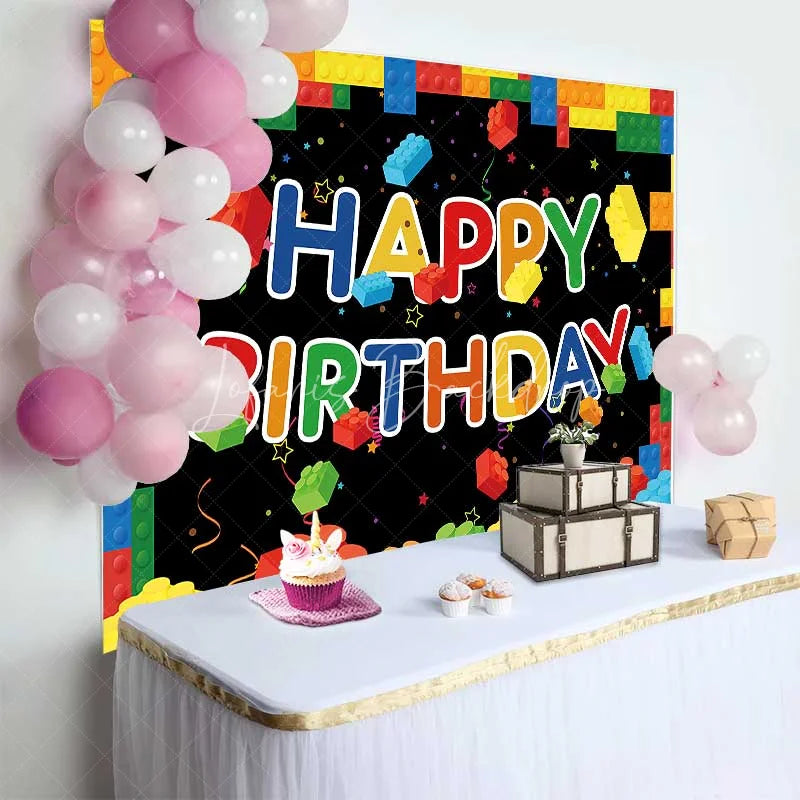 Lofaris Building Blocks Happy Birthday Backdrop Colorful Bricks Theme Party Background Kids Celebration Props