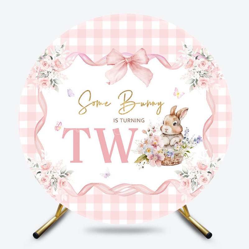 Lofaris Bunny Floral Pink Plaid Round 2nd Birthday Backdrop