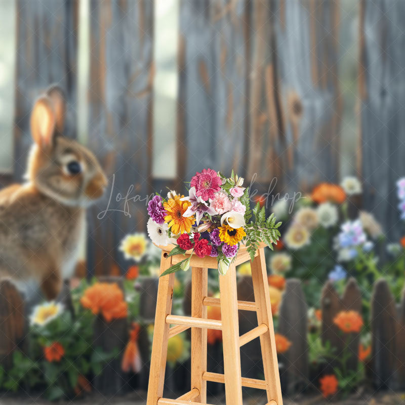 Lofaris Bunny With Fence Garden Floral Bokeh Easter Backdrop