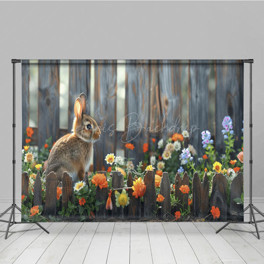 Lofaris Bunny With Fence Garden Floral Bokeh Easter Backdrop