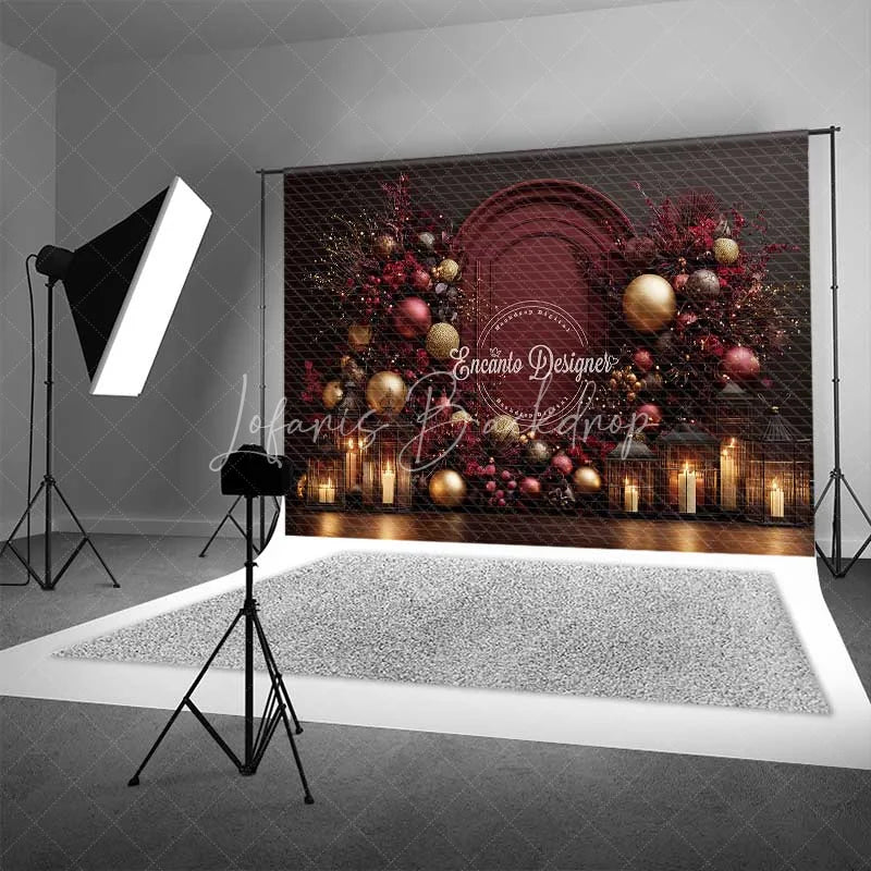 Lofaris Burgundy Red Christmas Backdrop Elegant Floral Arch Gold Ornament Photography Background