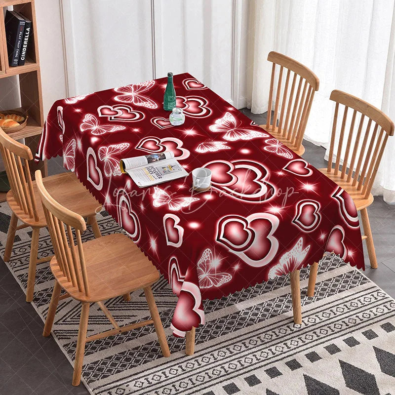 Lofaris Burgundy Red Glowing Heart Butterfly Rectangle Tablecloth Deep Neon Light Effect Passionate Dining Decor