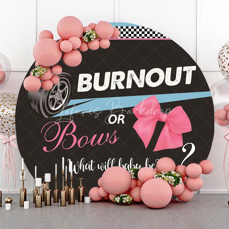 Lofaris Burnout or Bows Gender Reveal Round Backdrop Racing Car and Pink Bow Baby Shower Party Decoration