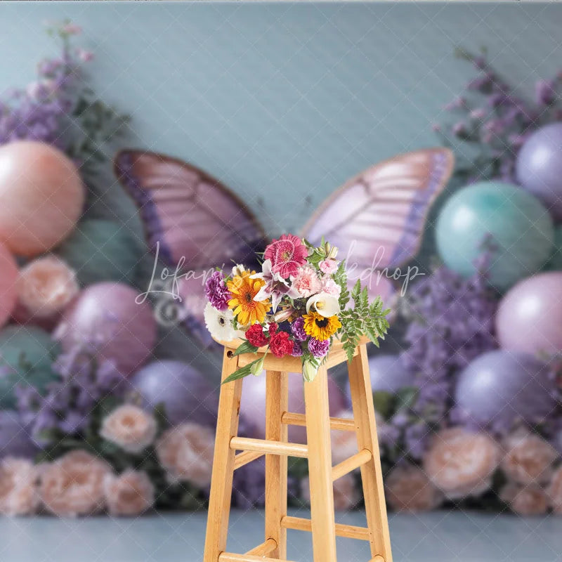 Lofaris Butterfly and Balloon Photography Backdrop Purple Pink Floral Enchanted Wedding or Birthday Photo Booth