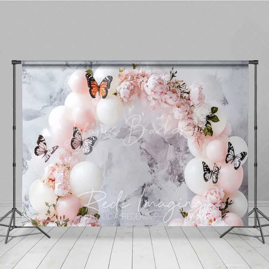 Lofaris Butterfly Balloon Arch Photography Backdrop Pink Flowers White Balloons Photo Background Princess Birthday Prop