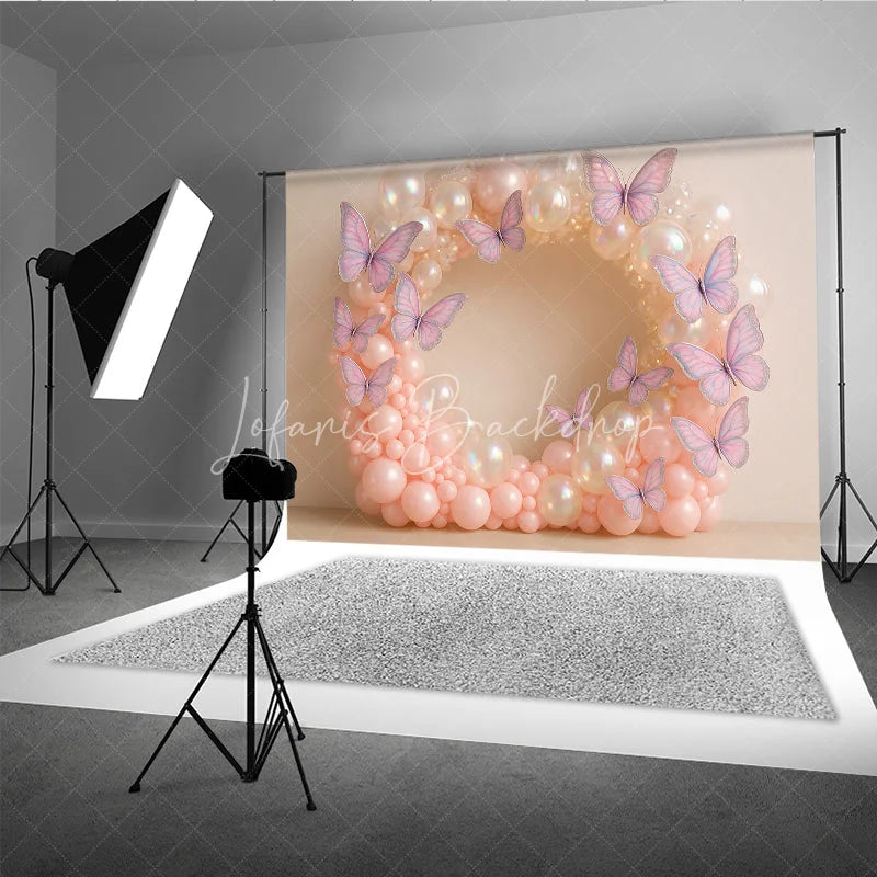 Lofaris Butterfly Balloon Wreath Photography Backdrop Pink and Iridescent Balloons for Birthday Cake Smash Photo Booth