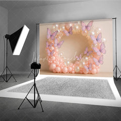 Lofaris Butterfly Balloon Wreath Photography Backdrop Pink and Iridescent Balloons for Birthday Cake Smash Photo Booth