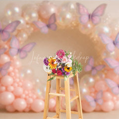 Lofaris Butterfly Balloon Wreath Photography Backdrop Pink and Iridescent Balloons for Birthday Cake Smash Photo Booth