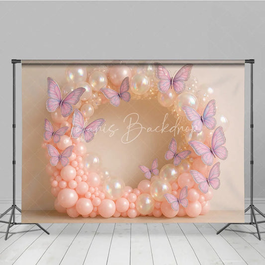 Lofaris Butterfly Balloon Wreath Photography Backdrop Pink and Iridescent Balloons for Birthday Cake Smash Photo Booth