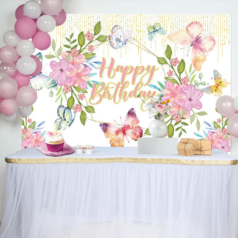 Lofaris Butterfly Flowers Glitter Happy Birthday Backdrop