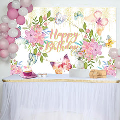 Lofaris Butterfly Flowers Glitter Happy Birthday Backdrop