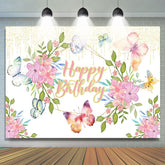 Lofaris Butterfly Flowers Glitter Happy Birthday Backdrop