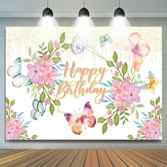 Lofaris Butterfly Flowers Glitter Happy Birthday Backdrop