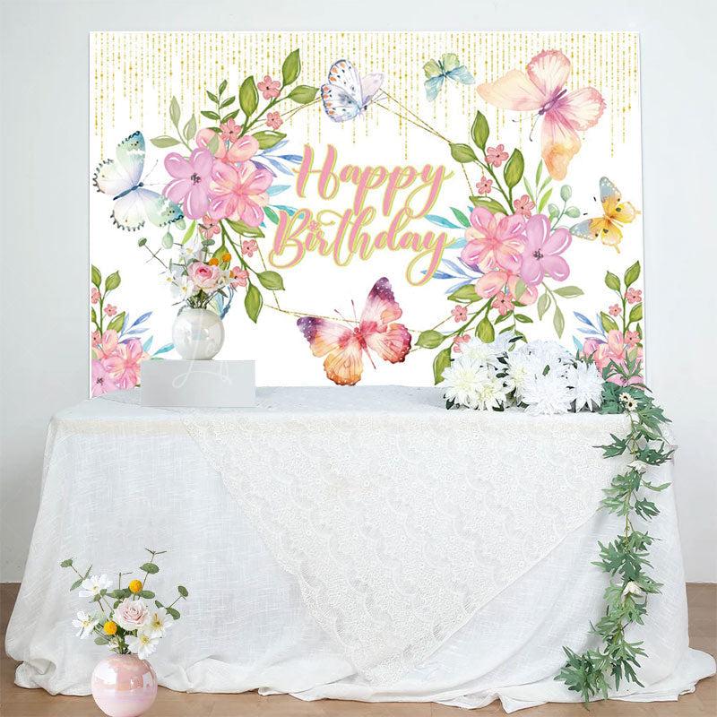 Lofaris Butterfly Flowers Glitter Happy Birthday Backdrop