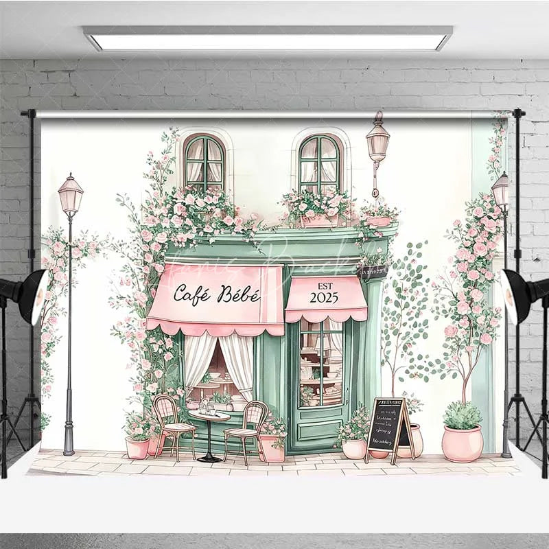 Lofaris Cafe Bebe French Storefront Backdrop Romantic Pink Rose Street Scene Party Banner