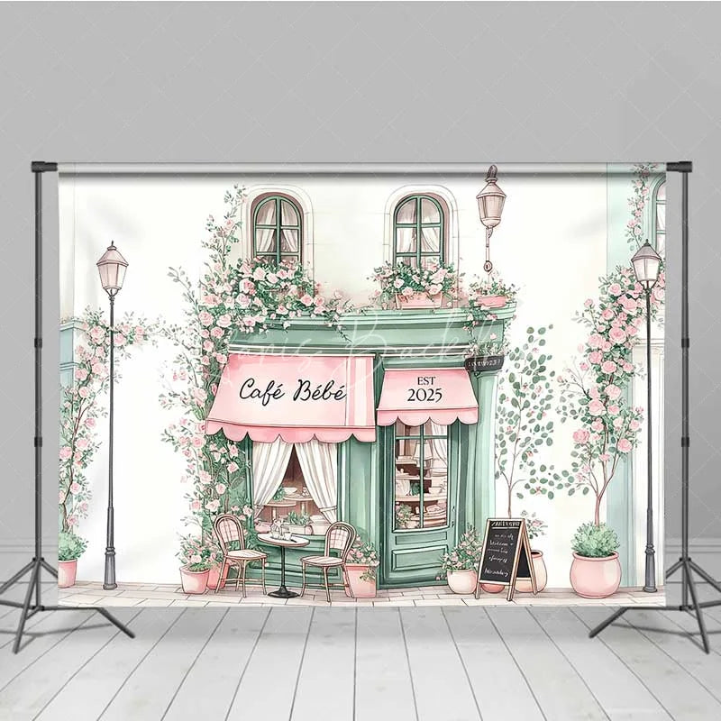 Lofaris Cafe Bebe French Storefront Backdrop Romantic Pink Rose Street Scene Party Banner