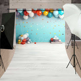 Lofaris Cake Smash Sweep Photography Backdrop with Colorful Balloons and Stars Teal Wall Light Wood Floor Studio Photo Prop