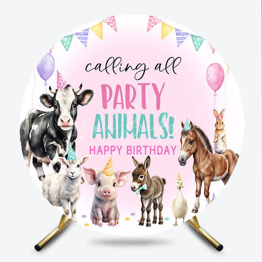 Lofaris Calling All Party Animals Round Backdrop Watercolor Farm Birthday Barnyard Photo Booth Decor for Kids