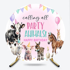 Lofaris Calling All Party Animals Round Backdrop Watercolor Farm Birthday Barnyard Photo Booth Decor for Kids