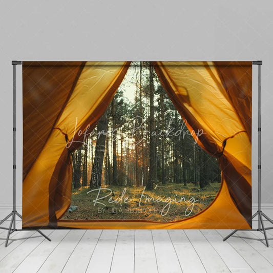 Lofaris Camping Tent View Forest Backdrop Sunlit Pine Trees and Wilderness Photography Background for Outdoor Adventure