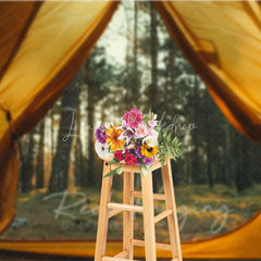 Lofaris Camping Tent View Forest Backdrop Sunlit Pine Trees and Wilderness Photography Background for Outdoor Adventure