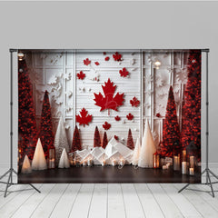 Lofaris Canadian Christmas Photography Backdrop Red Maple Leaf on White Wood Wall Winter Wonderland Holiday Photo Prop