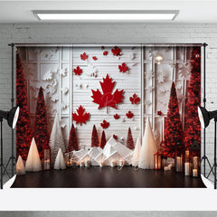 Lofaris Canadian Christmas Photography Backdrop Red Maple Leaf on White Wood Wall Winter Wonderland Holiday Photo Prop