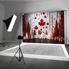 Lofaris Canadian Christmas Photography Backdrop Red Maple Leaf on White Wood Wall Winter Wonderland Holiday Photo Prop