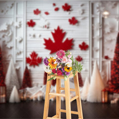 Lofaris Canadian Christmas Photography Backdrop Red Maple Leaf on White Wood Wall Winter Wonderland Holiday Photo Prop