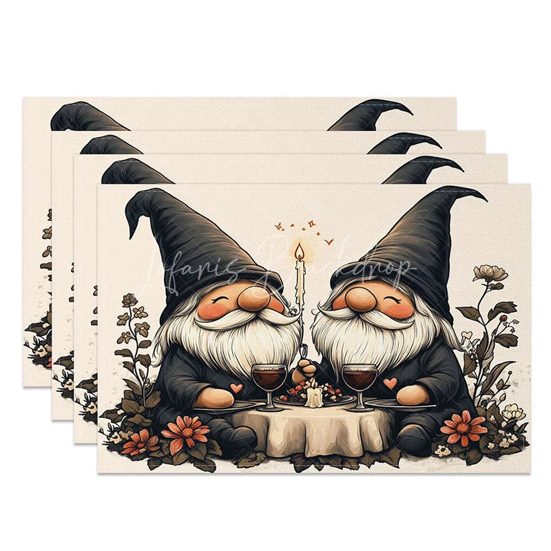 Lofaris Candlelight Dinner Gnome Set of 4 Placemats Romantic Valentine Table Mat Black Hat Couple Decoration