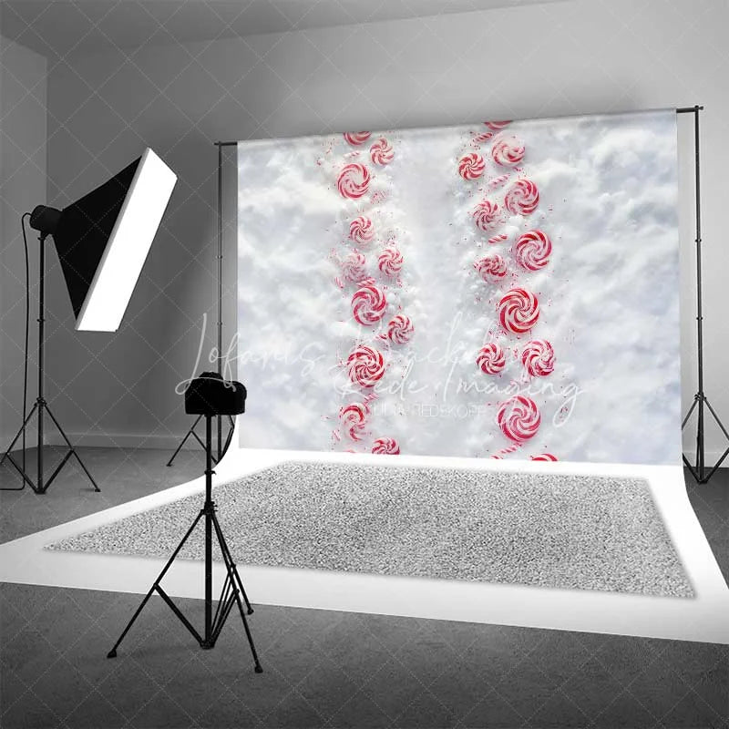 Lofaris Candy Cane Lane Backdrop Red White Peppermint Swirl Path Snowy Ground Top View Photo Background