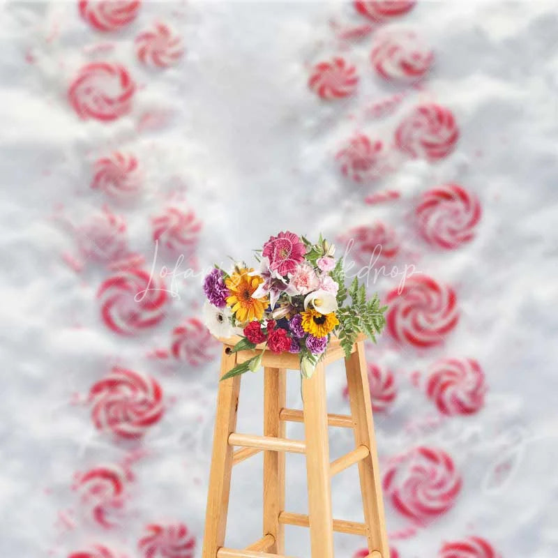 Lofaris Candy Cane Lane Backdrop Red White Peppermint Swirl Path Snowy Ground Top View Photo Background