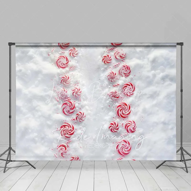 Lofaris Candy Cane Lane Backdrop Red White Peppermint Swirl Path Snowy Ground Top View Photo Background