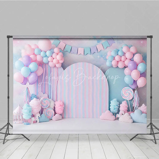 Lofaris Candy Land Backdrop Sweet Pink and Blue Cotton Lollipops Birthday Cake Smash Background