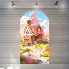 Lofaris Candyland House Arch Backdrop for Birthday Party Whimsical Sweet Shoppe with Rainbow Candy Castle Photo Booth