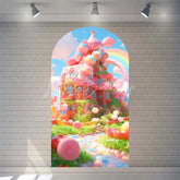 Lofaris Candyland House Arch Backdrop for Birthday Party Whimsical Sweet Shoppe with Rainbow Candy Castle Photo Booth