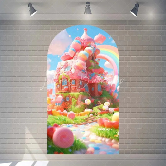 Lofaris Candyland House Arch Backdrop for Birthday Party Whimsical Sweet Shoppe with Rainbow Candy Castle Photo Booth