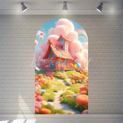 Lofaris Candyland House Arch Backdrop for Birthday Party Whimsical Sweet Shoppe with Rainbow Candy Castle Photo Booth