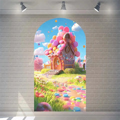 Lofaris Candyland House Arch Backdrop for Birthday Party Whimsical Sweet Shoppe with Rainbow Candy Castle Photo Booth