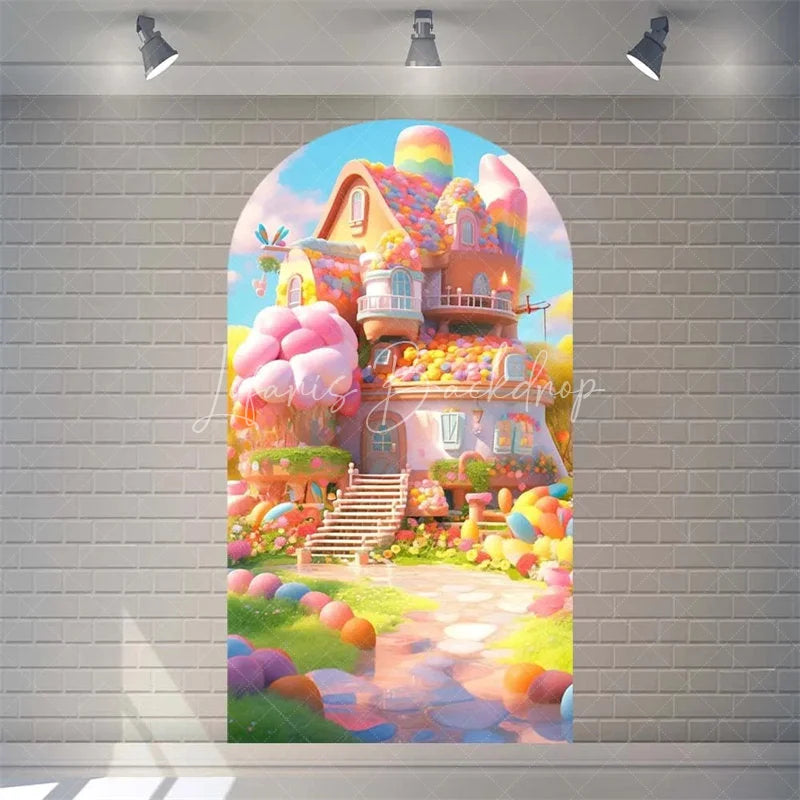 Lofaris Candyland House Arch Backdrop for Birthday Party Whimsical Sweet Shoppe with Rainbow Candy Castle Photo Booth