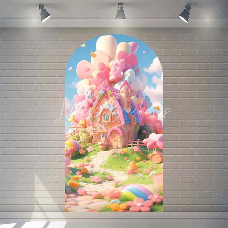 Lofaris Candyland House Arch Backdrop for Birthday Party Whimsical Sweet Shoppe with Rainbow Candy Castle Photo Booth
