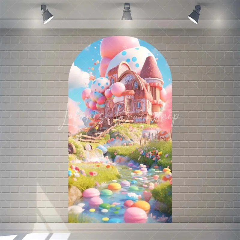 Lofaris Candyland House Arch Backdrop for Birthday Party Whimsical Sweet Shoppe with Rainbow Candy Castle Photo Booth