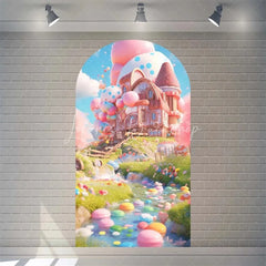 Lofaris Candyland House Arch Backdrop for Birthday Party Whimsical Sweet Shoppe with Rainbow Candy Castle Photo Booth