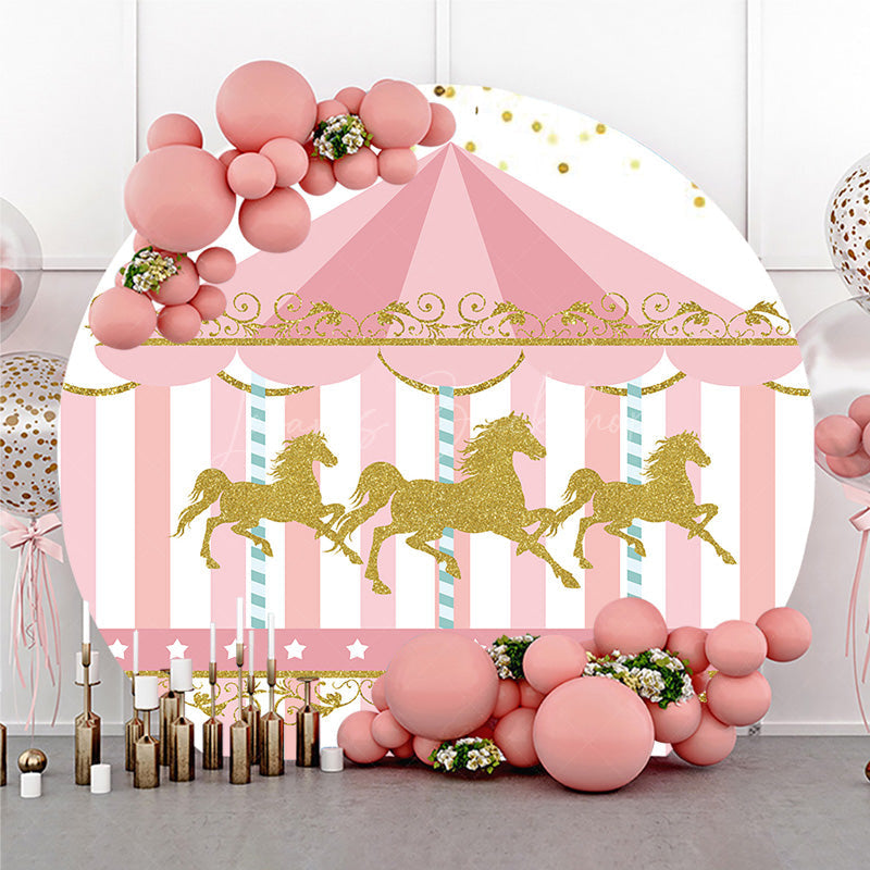 Lofaris Carousel First Birthday Round Backdrop Pink and Gold Glitter Horse Banner Merry Go Carnival Party Photo Prop