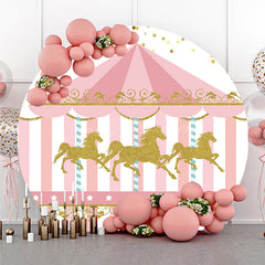 Lofaris Carousel First Birthday Round Backdrop Pink and Gold Glitter Horse Banner Merry Go Carnival Party Photo Prop