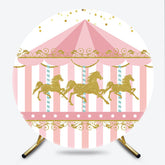 Lofaris Carousel First Birthday Round Backdrop Pink and Gold Glitter Horse Banner Merry Go Carnival Party Photo Prop