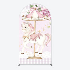 Lofaris Carousel Horse Arch Backdrop for Kid Baby Shower Merry Go Round Birthday Pink Gingham Party Decor