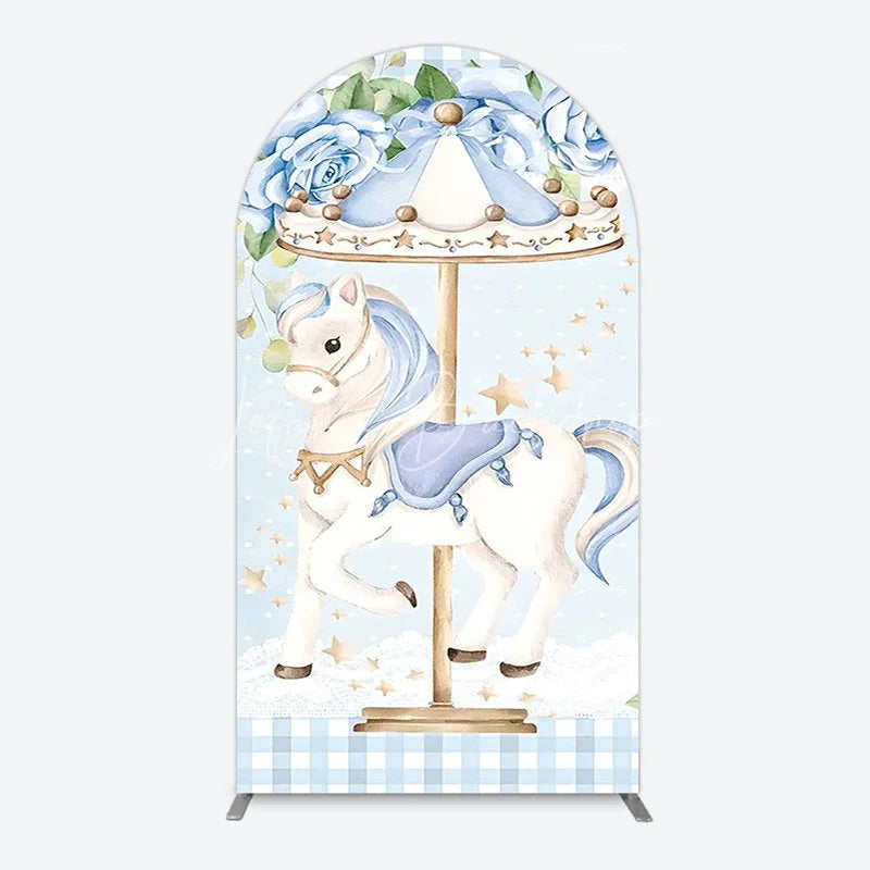 Lofaris Carousel Horse Arch Backdrop for Kid Baby Shower Merry Go Round Birthday Pink Gingham Party Decor