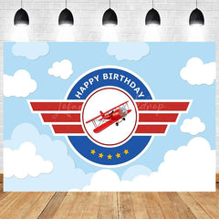 Lofaris Cartoon Blue Sky Airplane Happy Birthday Backdrop White Clouds Party Decor Kids Photo Prop
